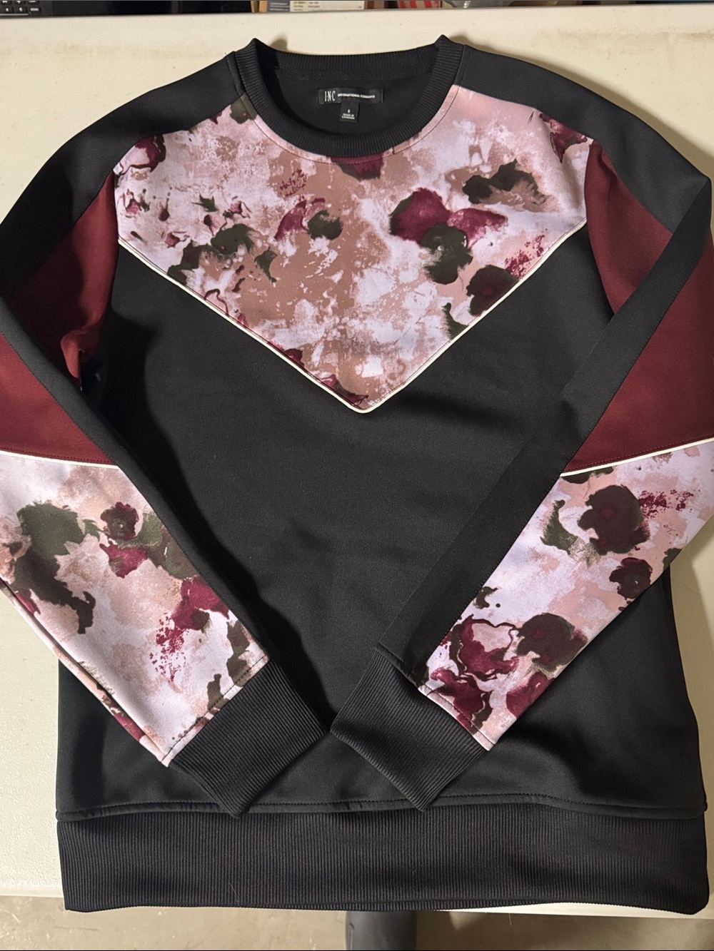 MEN INC International Concepts Black Pullover Sweatshirt with Pink Floral Panels